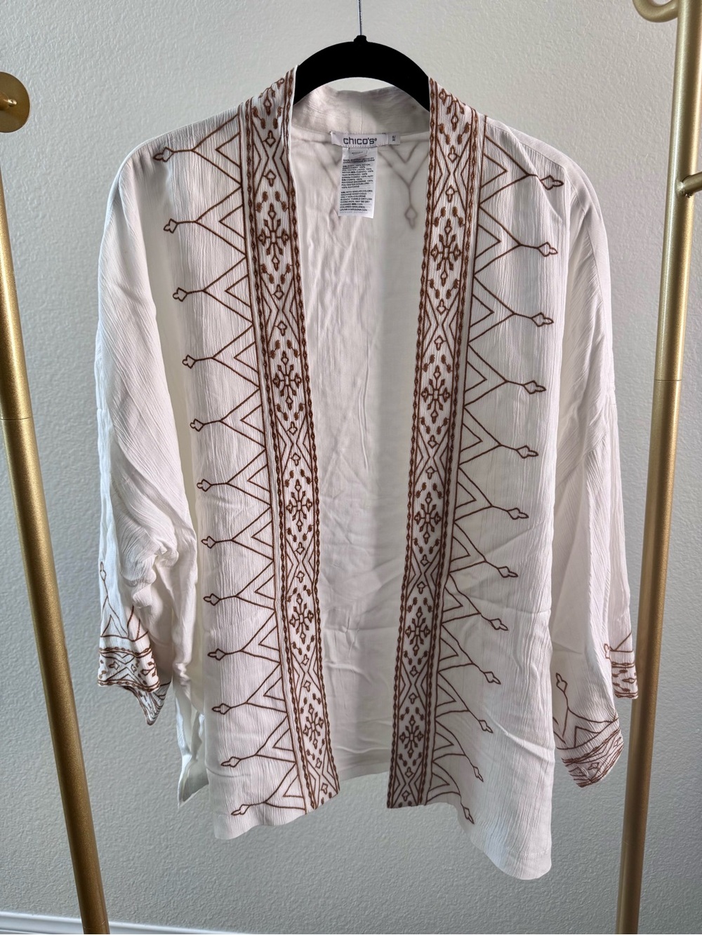 Chico's Cream Embroidered Open-Front Kimono